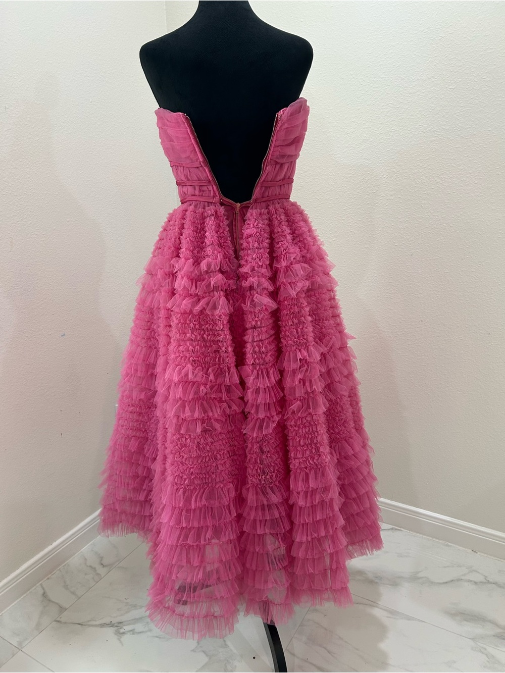 Clifton Wilhite Vintage 1960’s Pink Ruffled Tulle Strapless Midi Dress - Picture 6 of 11